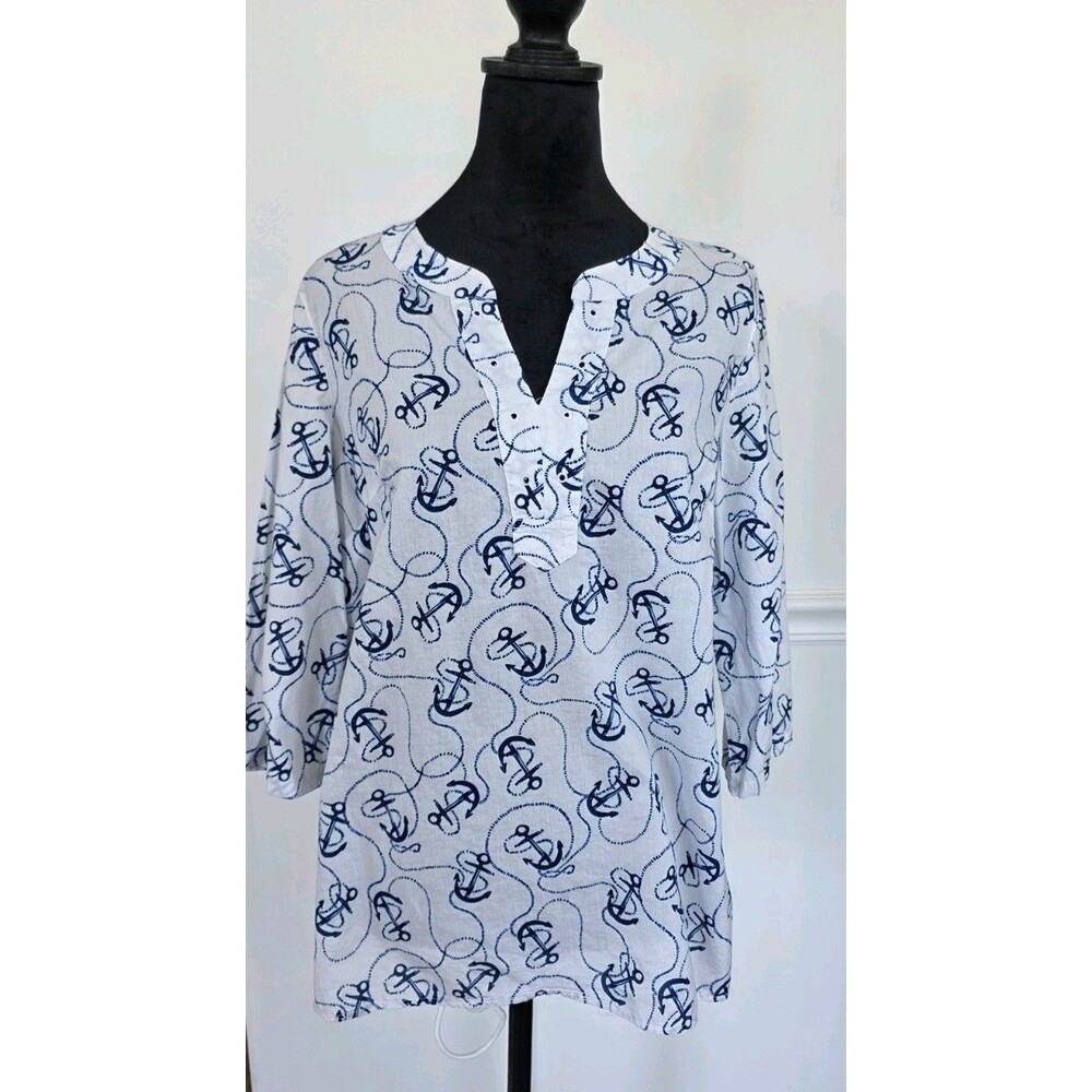 Talbots Women's Long Sleeve Shirt Coastal Print 100% Cotton Soze S